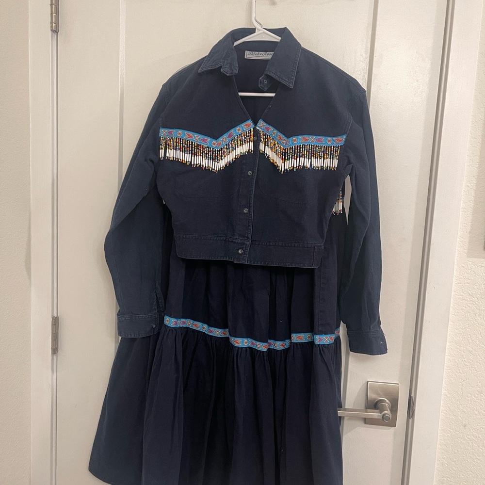 Vintage Western Native Navy Beaded Fringe Denim Jacket and Skirt Set